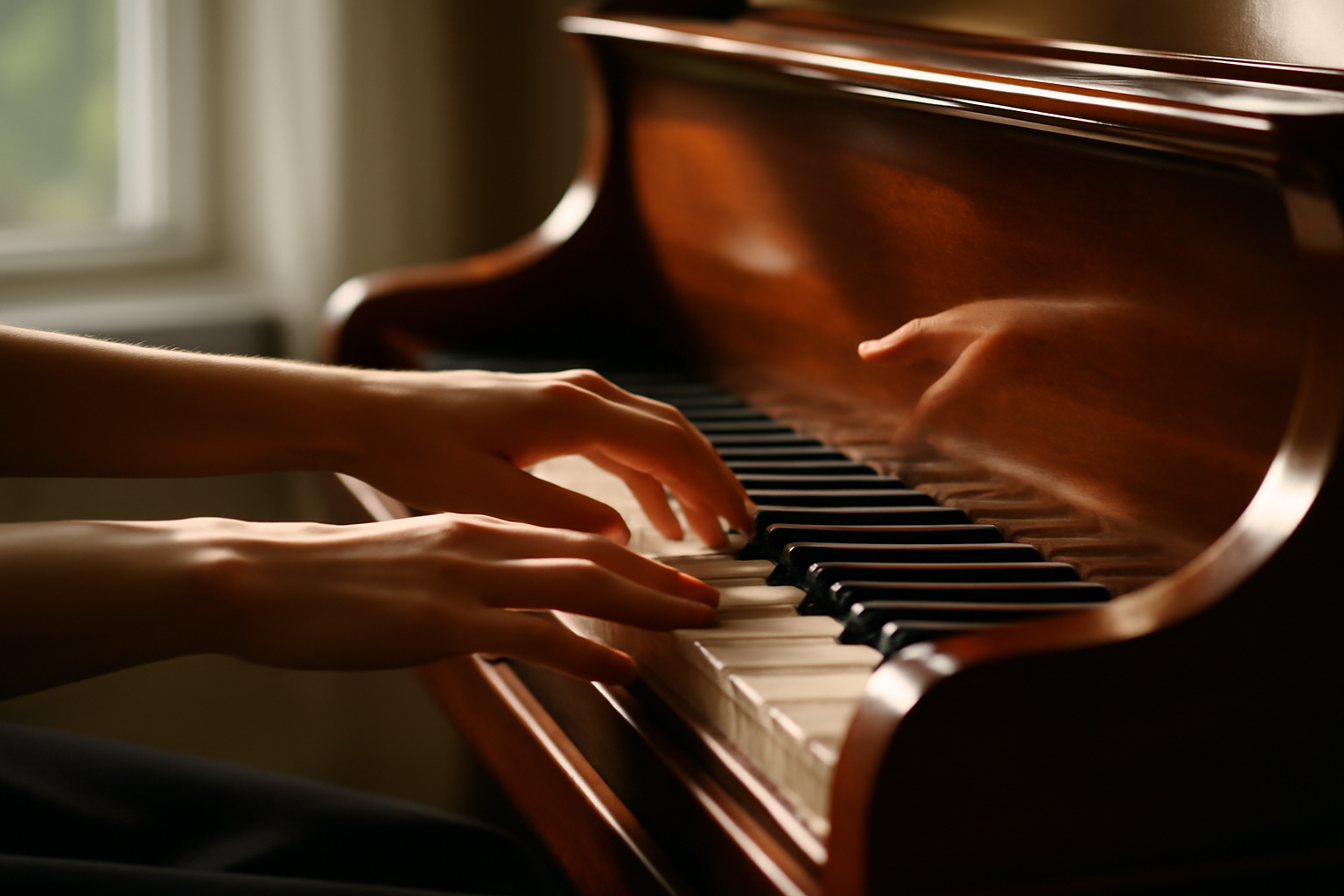 Close-up of a person examining the keys of a grand piano with gentle touch and soft light illuminating the polished wood.