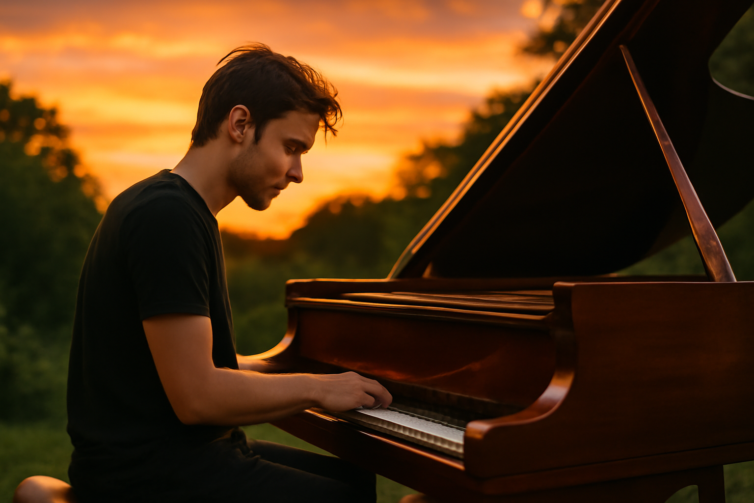 A serene sunset with a pianist playing outdoors, surrounded by lush greenery, capturing tranquility and dedication.