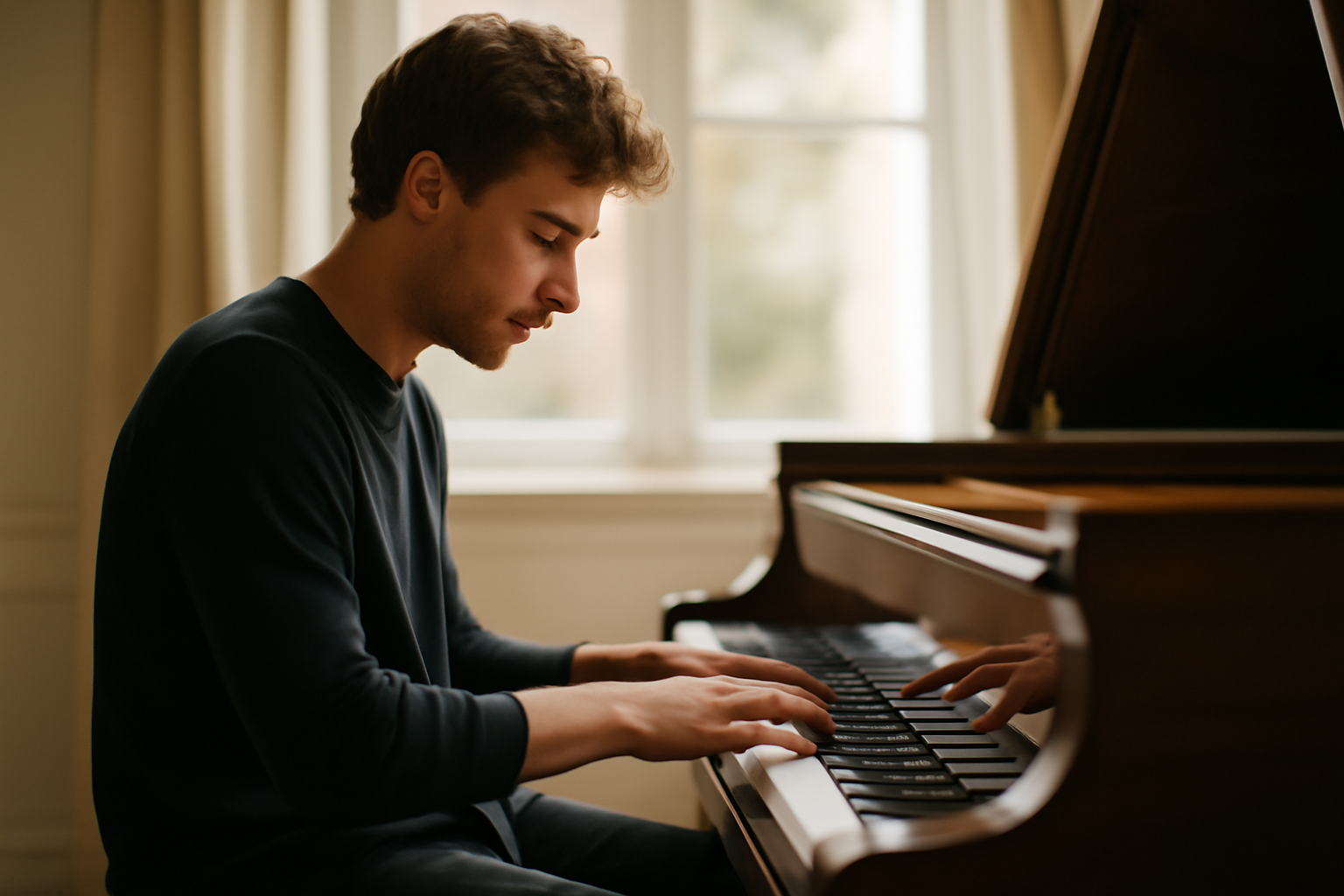A pianist practicing proper posture at a grand piano, hands elegantly positioned over the keys in a serene room.
