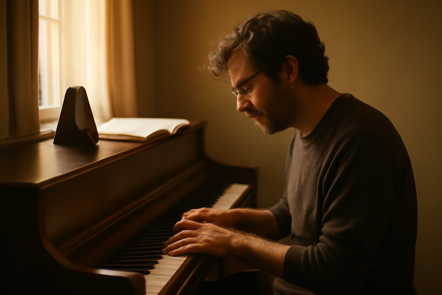 Dedicated pianist practicing scales in a cozy space with a timer and notebook.