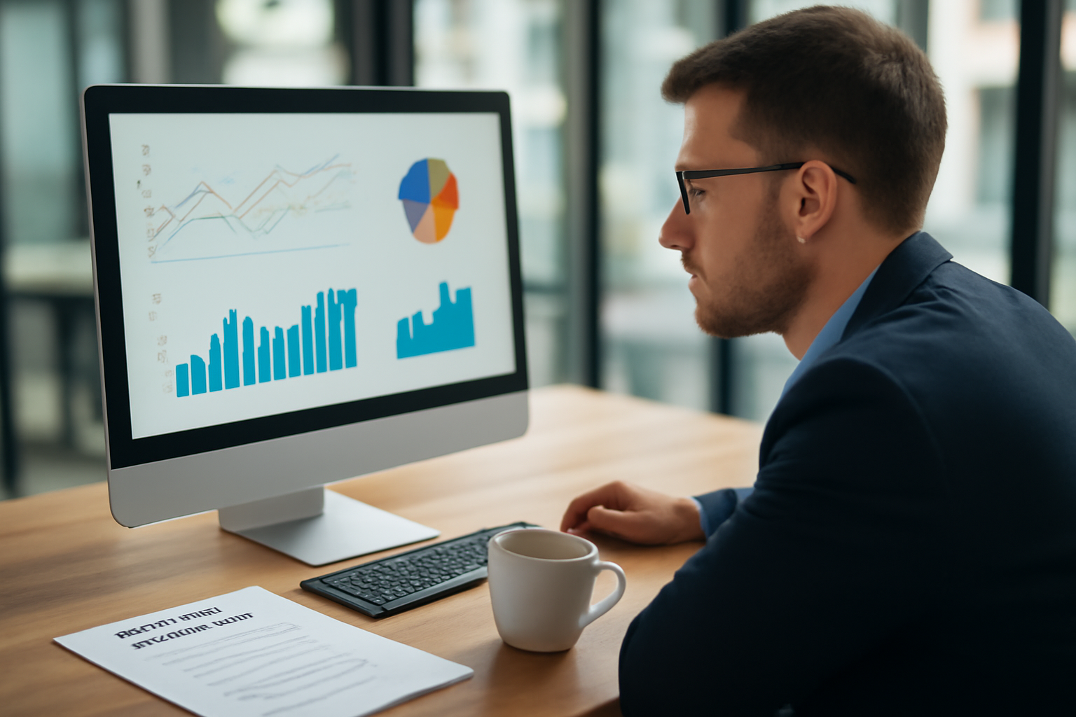 Professional analyzing data charts on a computer with a marketing strategy document and coffee cup.