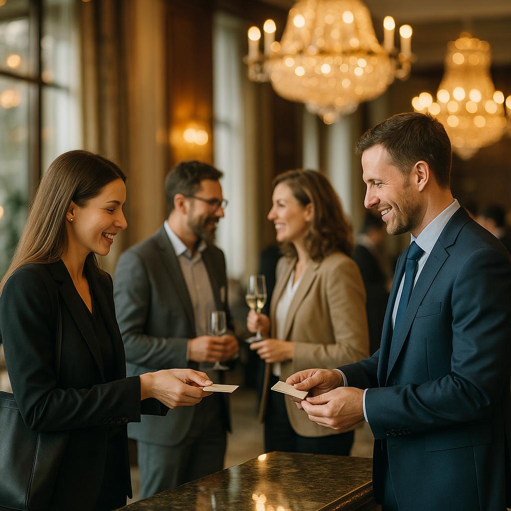 A professional networking event in an upscale venue with attendees engaged in conversation, exchanging business cards amidst elegant decor and soft lighting.