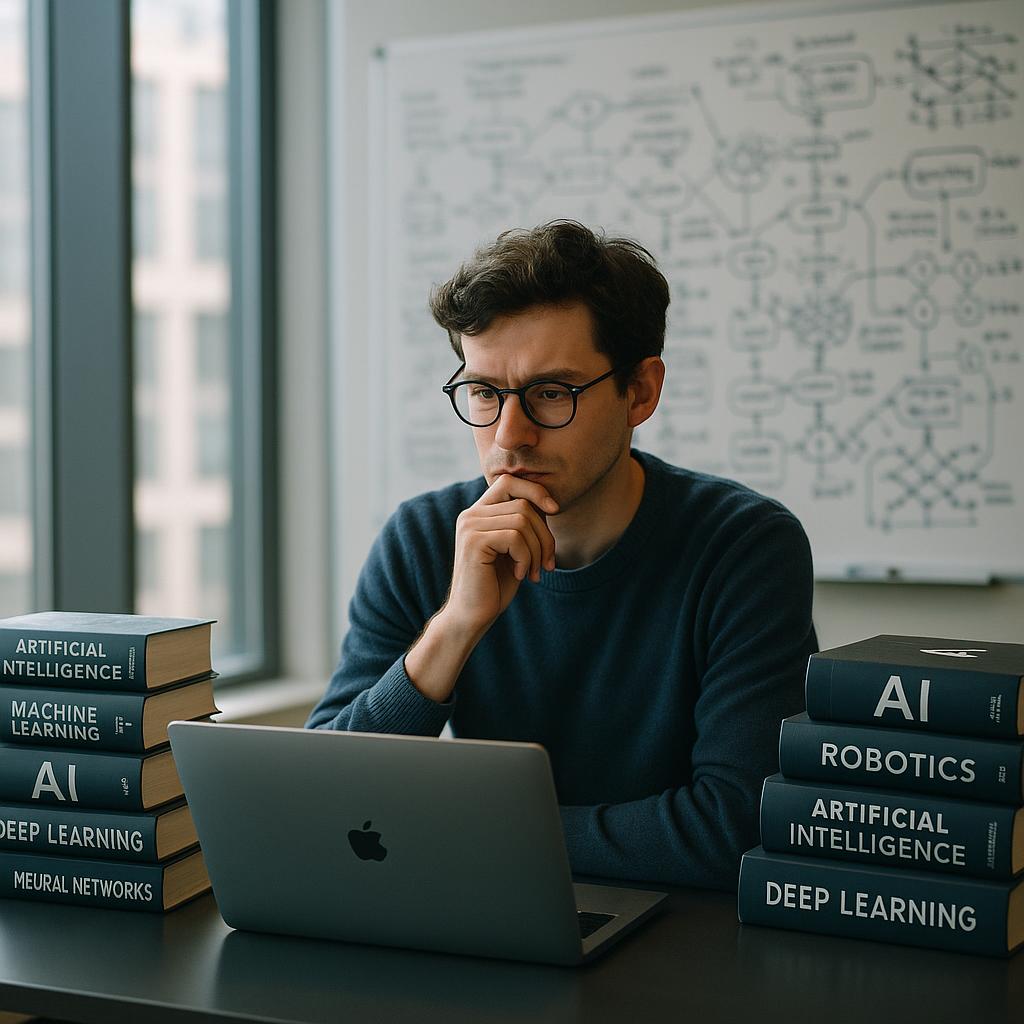 A researcher working on artificial intelligence with a laptop surrounded by books in a modern office filled with whiteboards and diagrams.