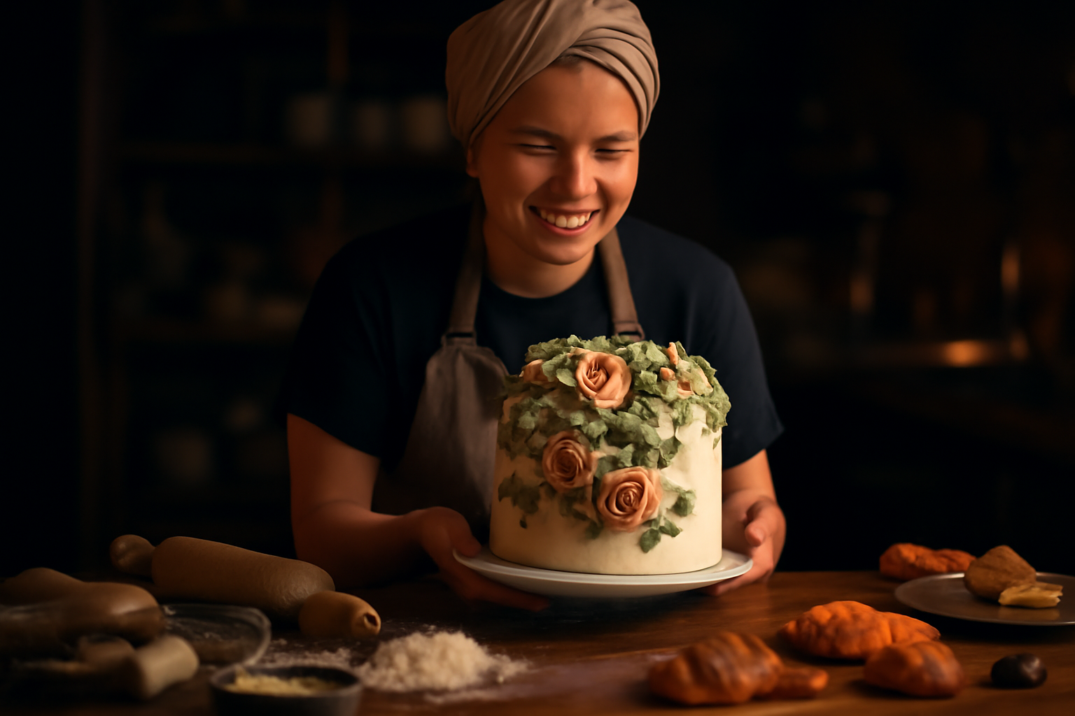 A cheerful baker proudly holding a beautifully decorated cake in a kitchen filled with baking tools and finished baked goods.