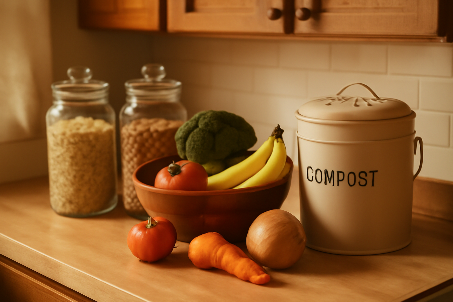 A serene kitchen scene featuring reusable containers, fresh produce, and a compost bin, highlighting sustainability.