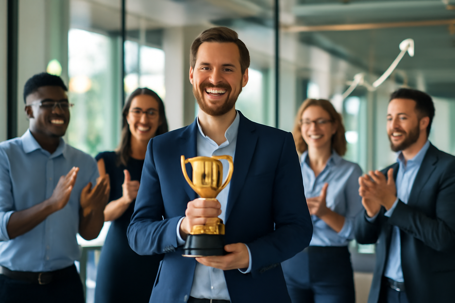 Business owner celebrating success in a serene office environment with growth charts and team members.