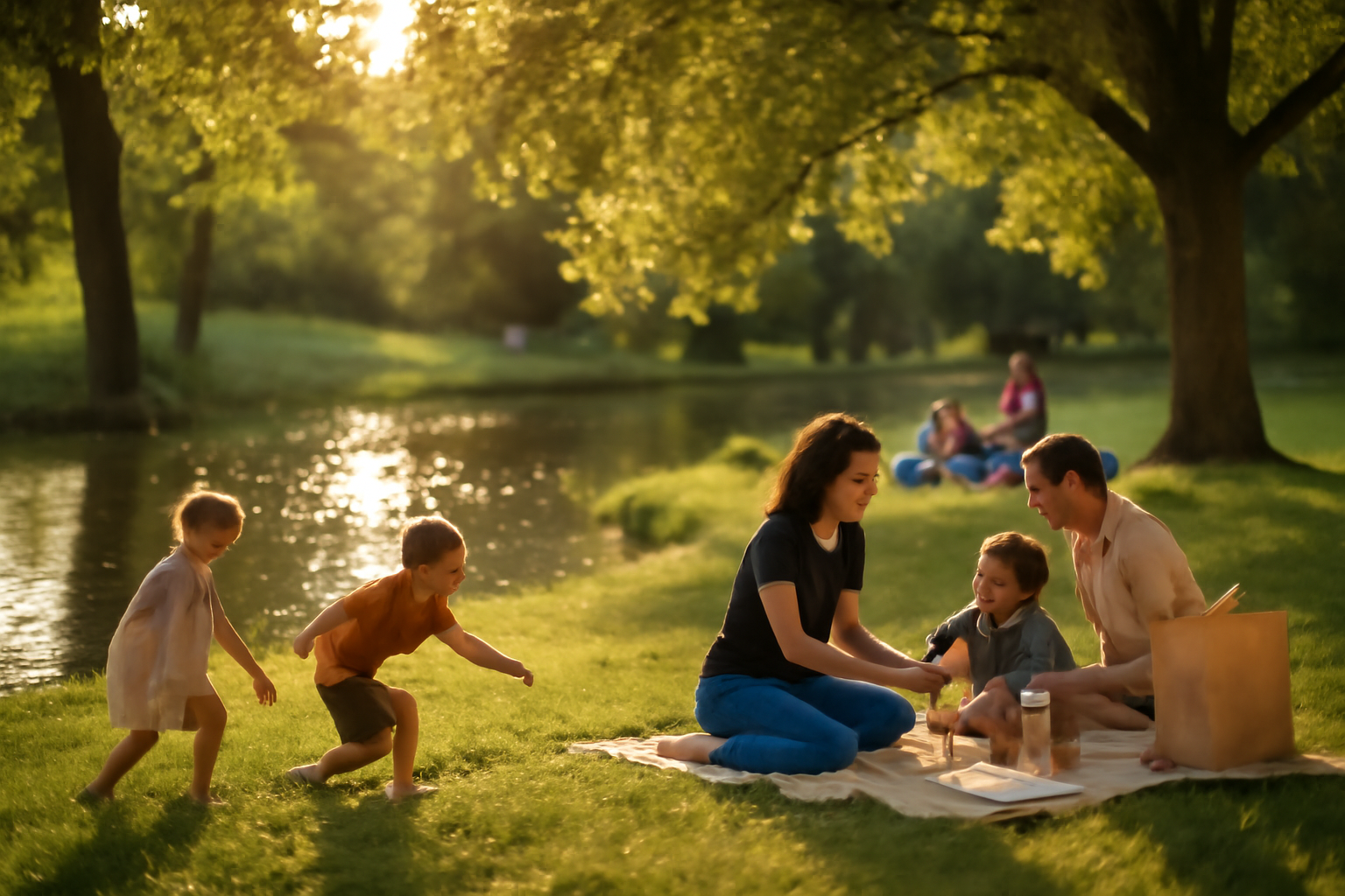 Families in a Serene Park Environment Families enjoying a serene park scene, showcasing the beauty of nature and the impact of waste reduction.