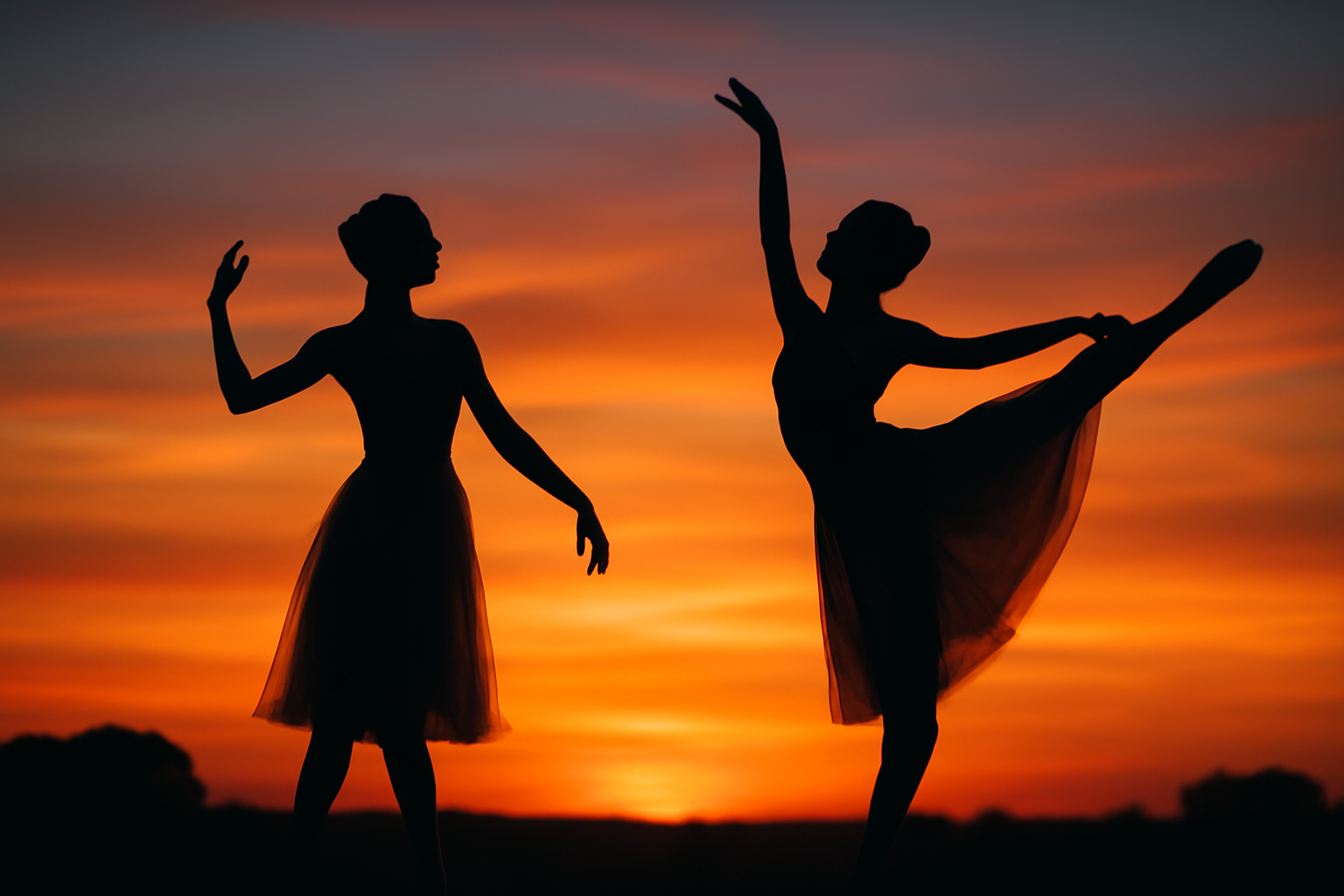 Serene sunset silhouette of dancers gracefully posed against a glowing sky, symbolizing their journey and artistic expression.