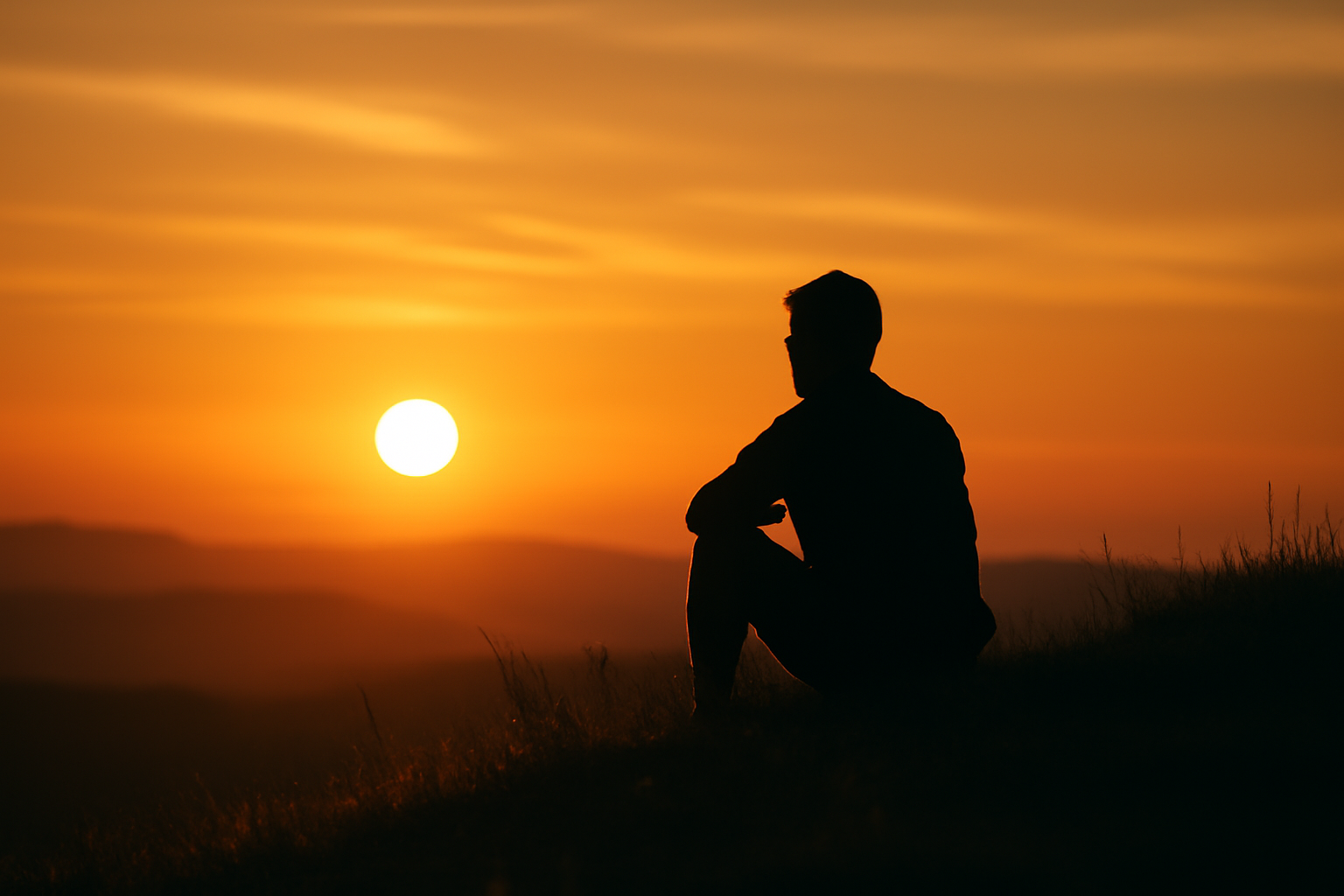 Serene Sunset Landscape with Contemplative Figure Serene landscape at sunset with a lone figure on a hilltop, representing reflection and closure.
