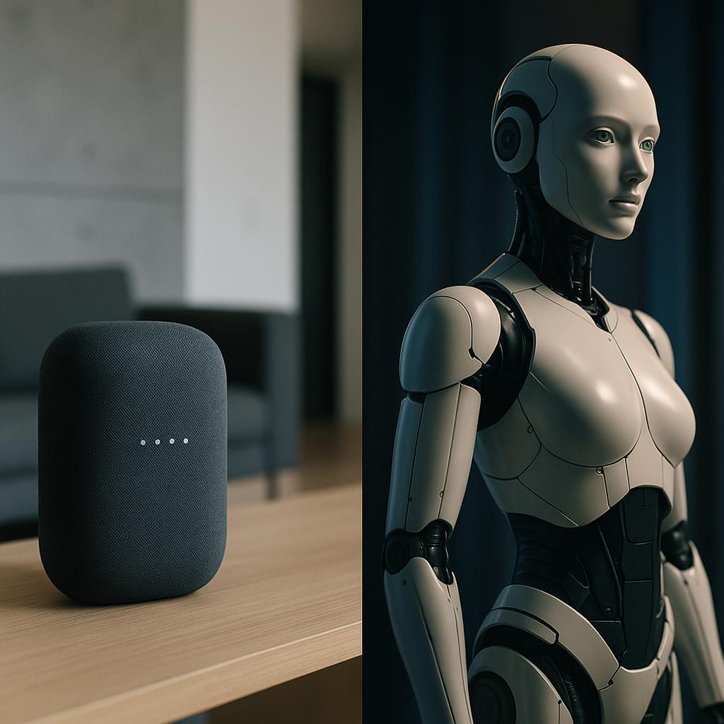 Smart home device and humanoid robot in a modern living space, showcasing advanced technology.