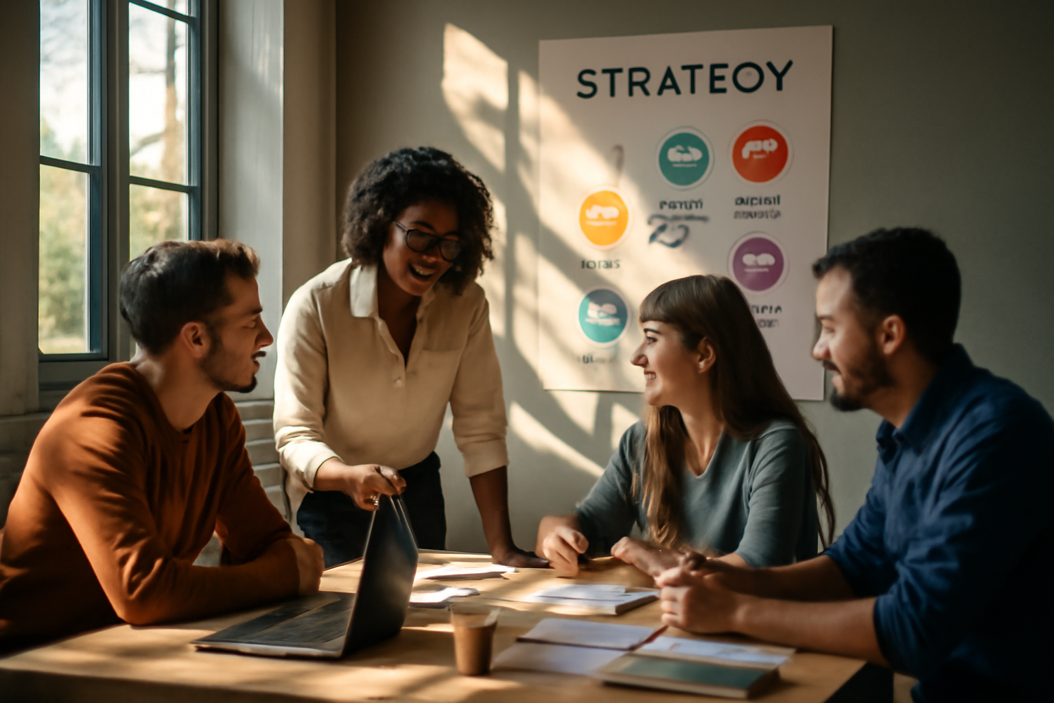 Infographic illustrating a step-by-step process, showcased in a bright office environment with people collaborating during a strategy meeting.