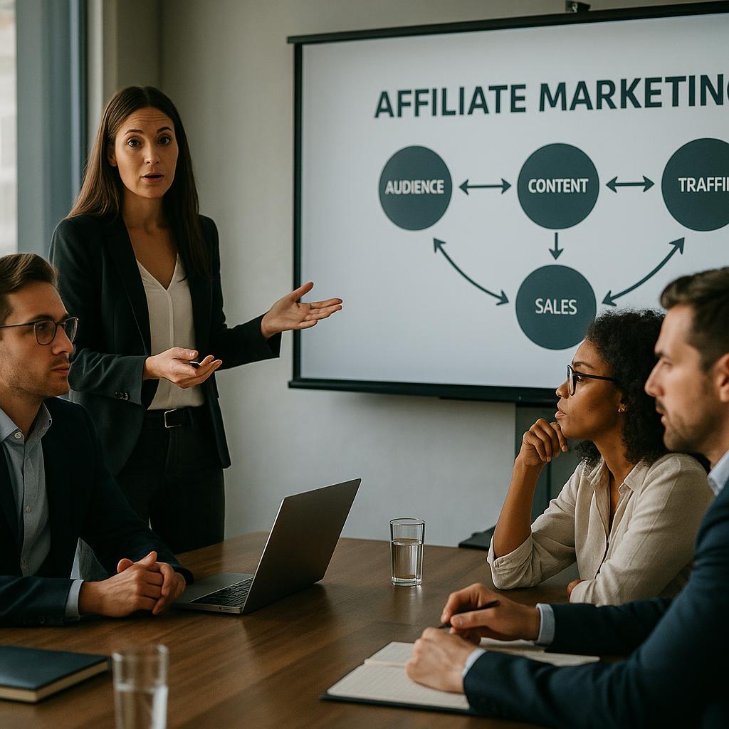 Engaged participants discussing affiliate marketing strategies in a sleek conference room with a projector.