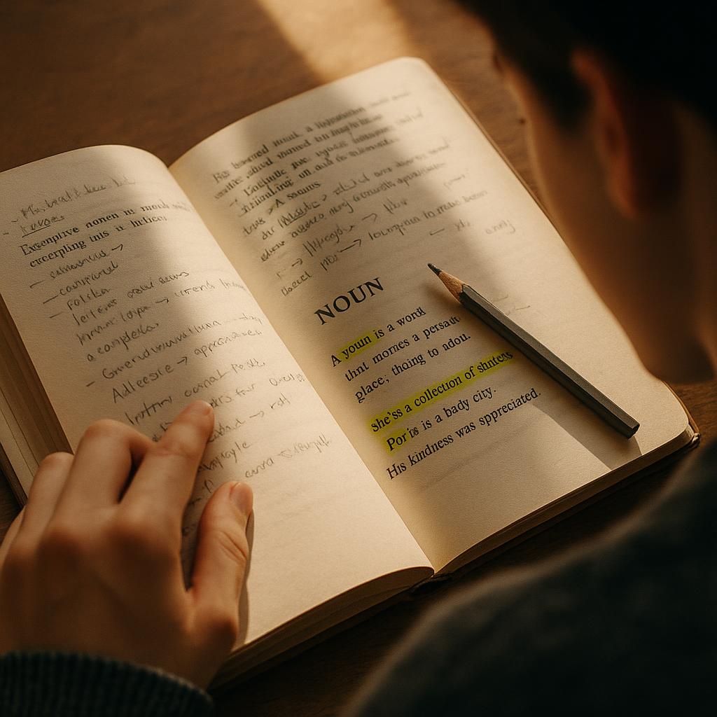 Student studying with an open book focusing on nouns, with notes and a pencil nearby.