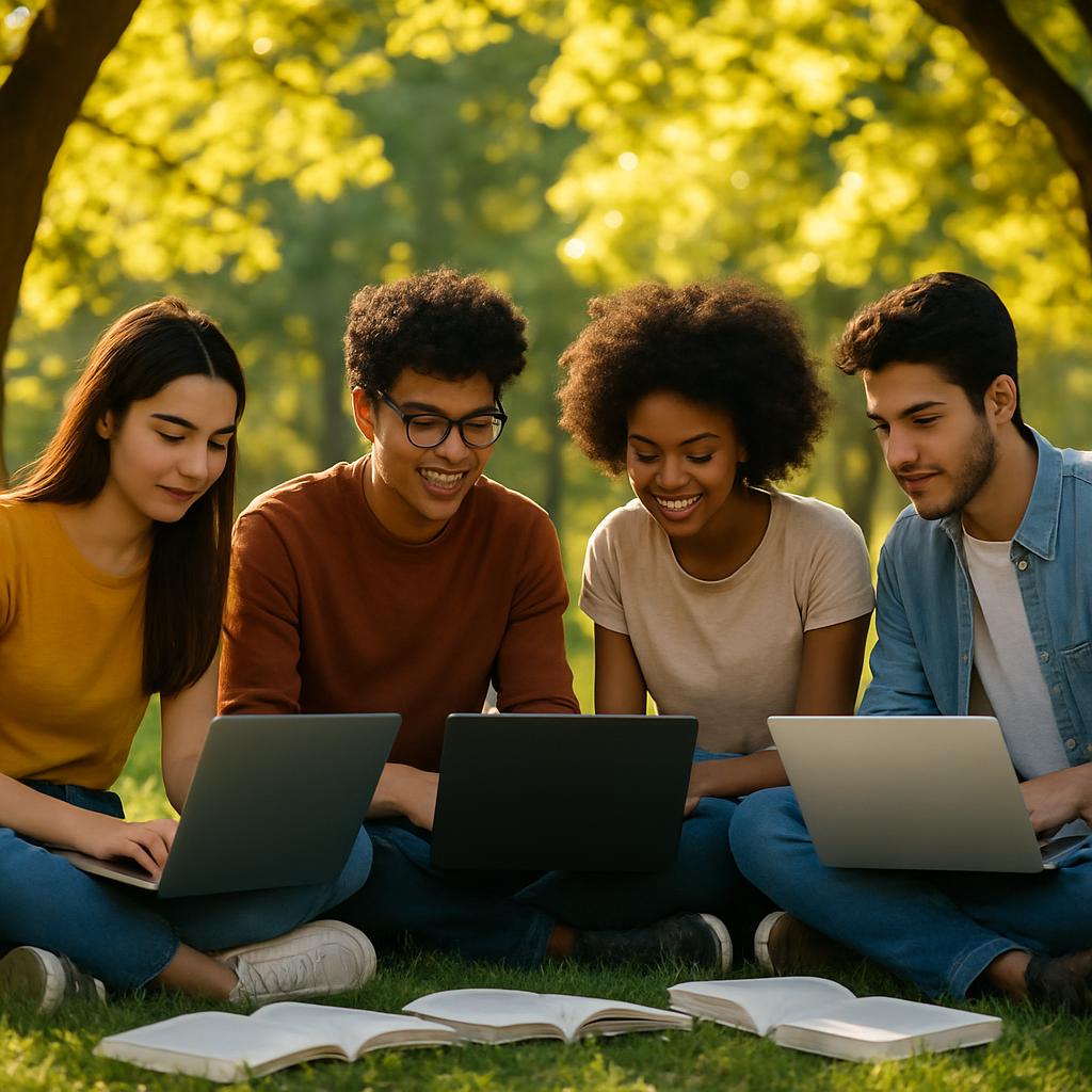 Diverse group of students collaborating in an outdoor workshop with laptops and textbooks under sunlight.