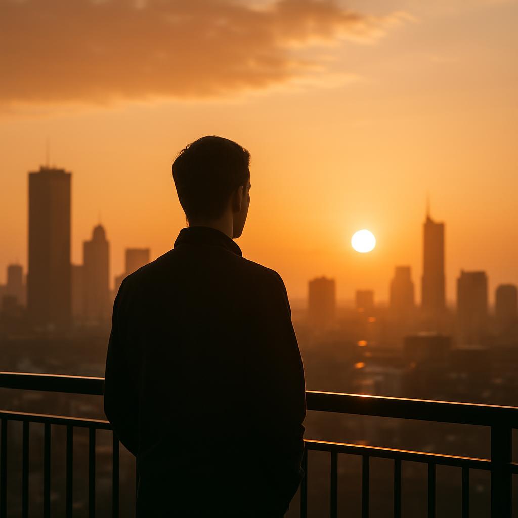 A stunning sunrise over a city skyline with a person on a balcony, representing hope and new beginnings in coding.