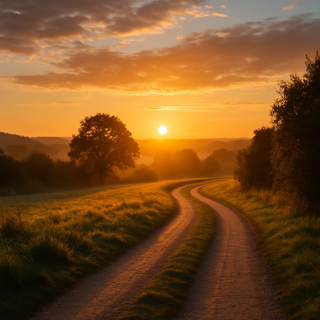 A picturesque sunrise over a scenic landscape, featuring a winding path that represents new beginnings and the start of a coding journey.
