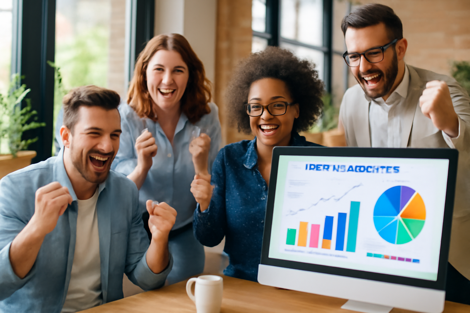 Team celebrating success in a bright office with analytics displayed on a monitor, highlighting growth in digital marketing.