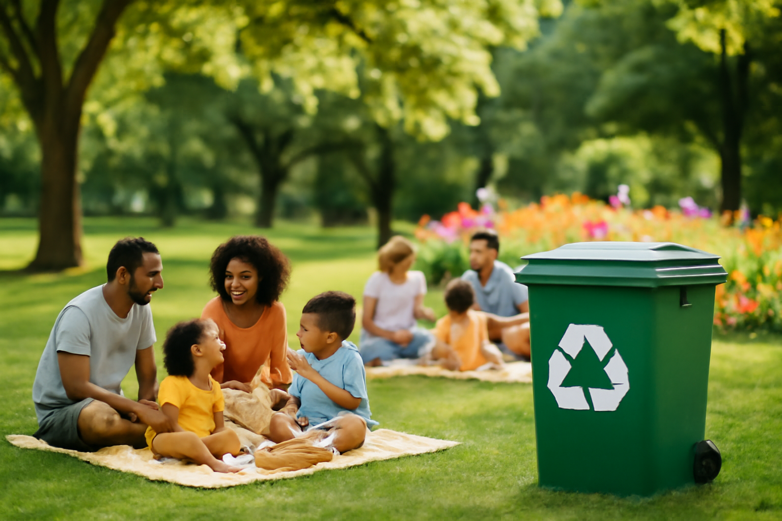 Diverse families enjoying a picnic in a clean park with recycling bins, emphasizing sustainability in nature.