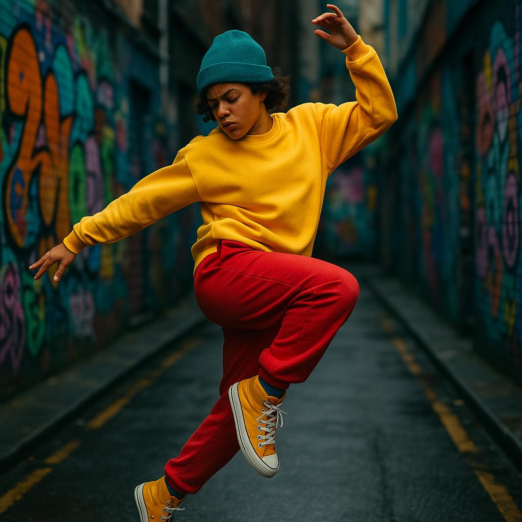 A dancer performing expressive movements in a vibrant urban setting, showcasing individuality and personality through bold clothing.