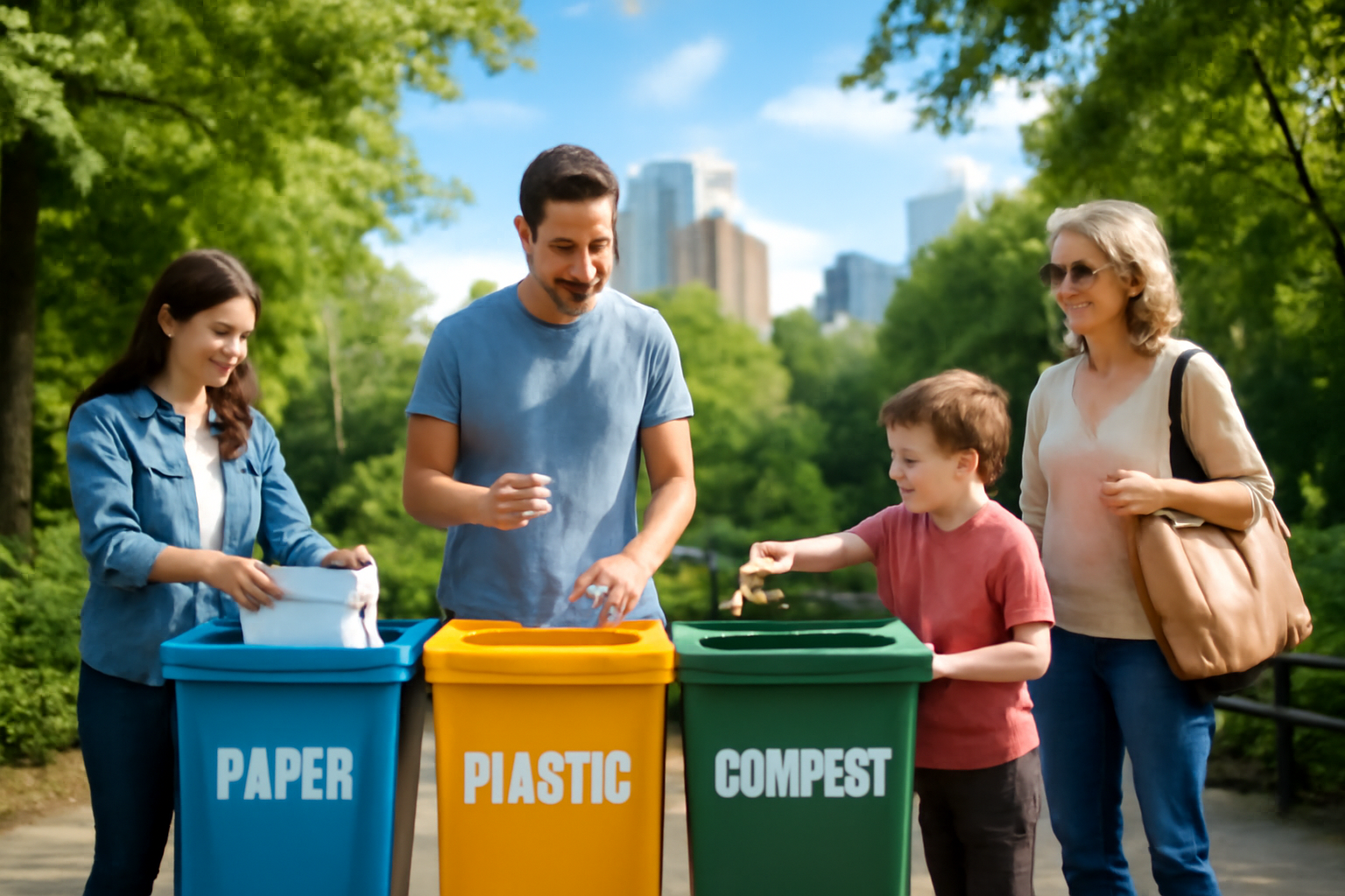 A serene urban park with people recycling, showcasing bins for paper, plastic, and compost amidst lush greenery under a clear blue sky.