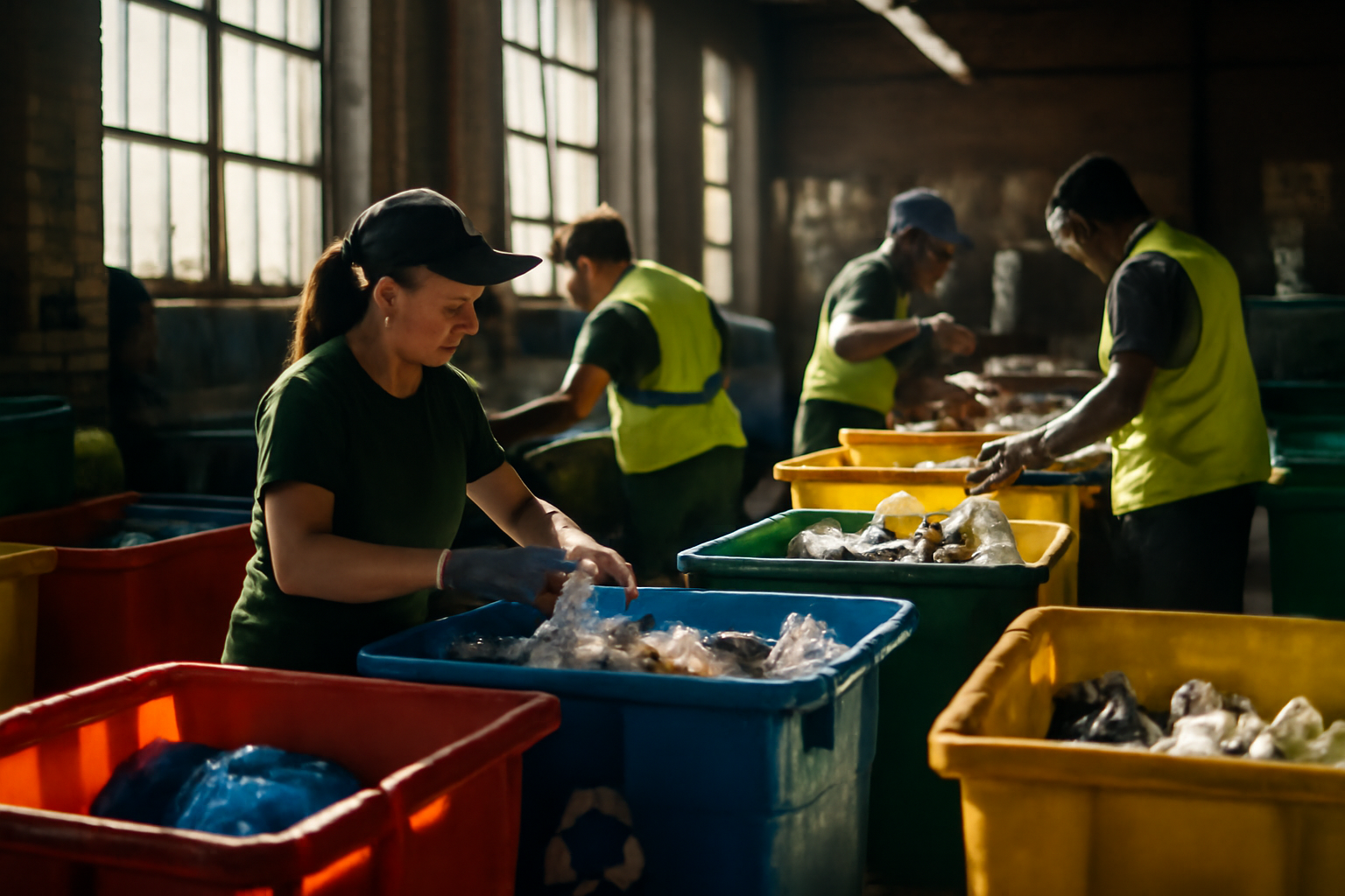Workers efficiently sorting recyclable materials in a vibrant urban recycling facility.