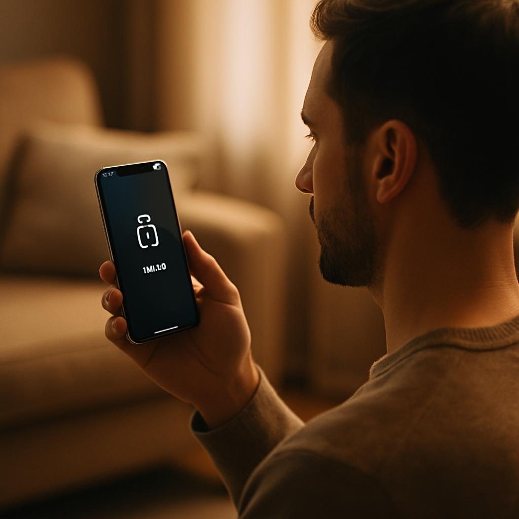 User unlocking smartphone with facial recognition in a cozy living room with soft natural light