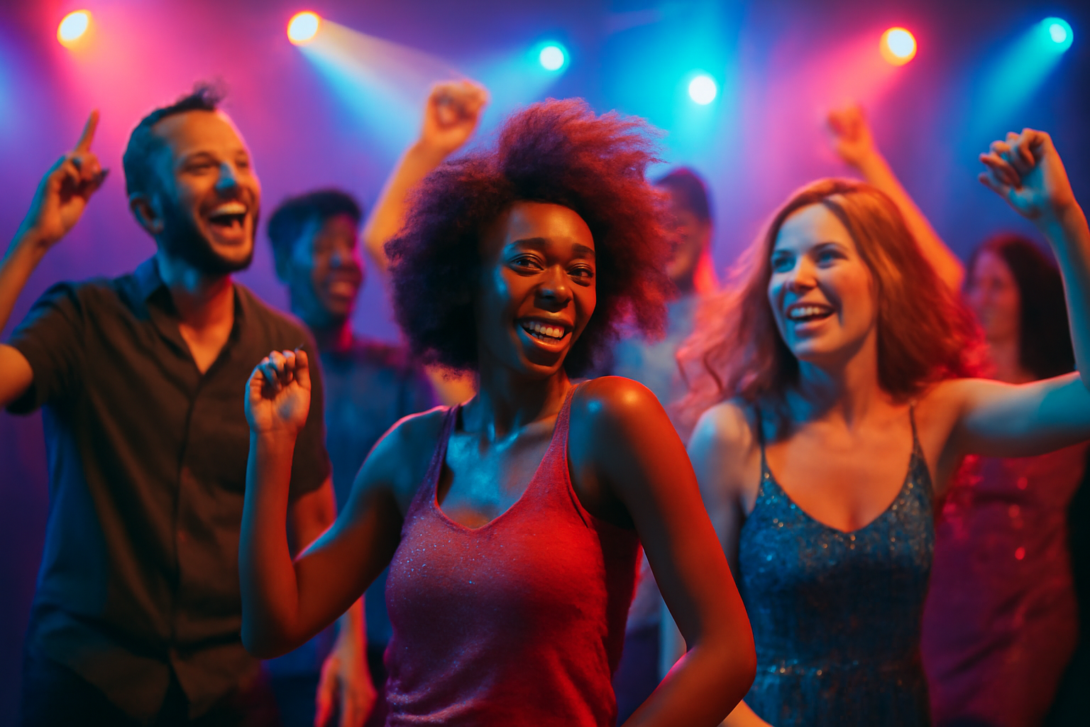 A lively dance floor featuring diverse dancers moving in harmony to upbeat music, illuminated by colorful lights.