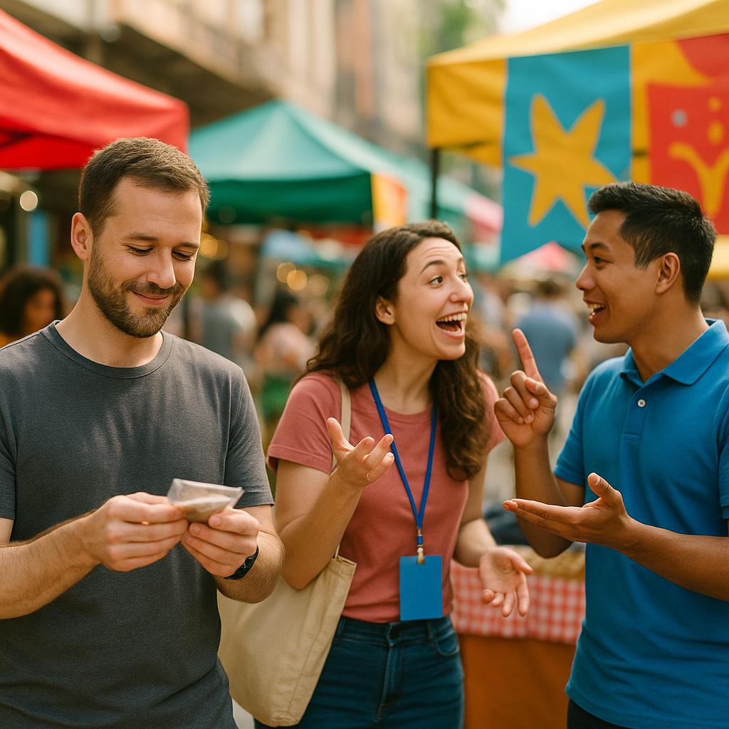 A vibrant marketplace scene with an affiliate marketer, a brand representative, and a satisfied consumer in the foreground.