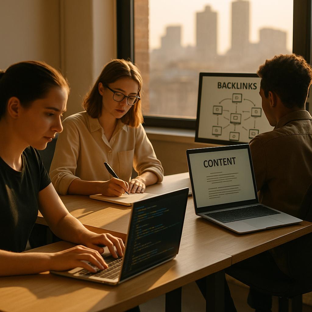 A woman coding a website, a person optimizing webpage content, and someone managing backlinks in an office setting.