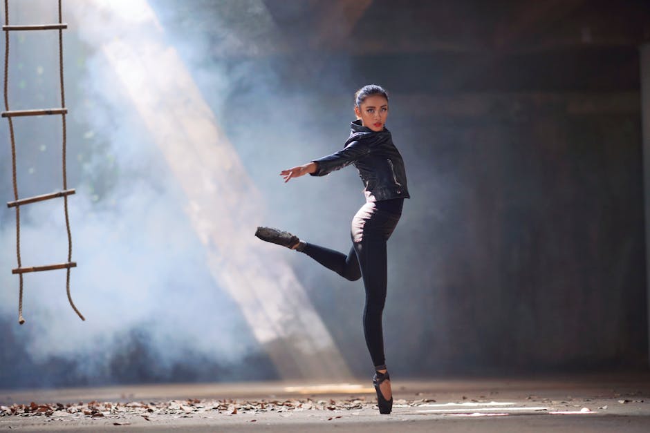 Winding path in a lush park with scattered dance shoes and a joyful dancer, symbolizing growth and progress.