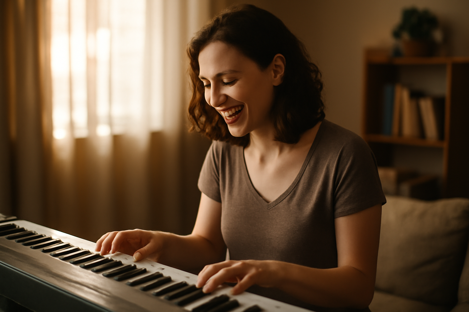 A 34-year-old woman playing a melody on a secondhand keyboard in a cozy, softly lit living room.