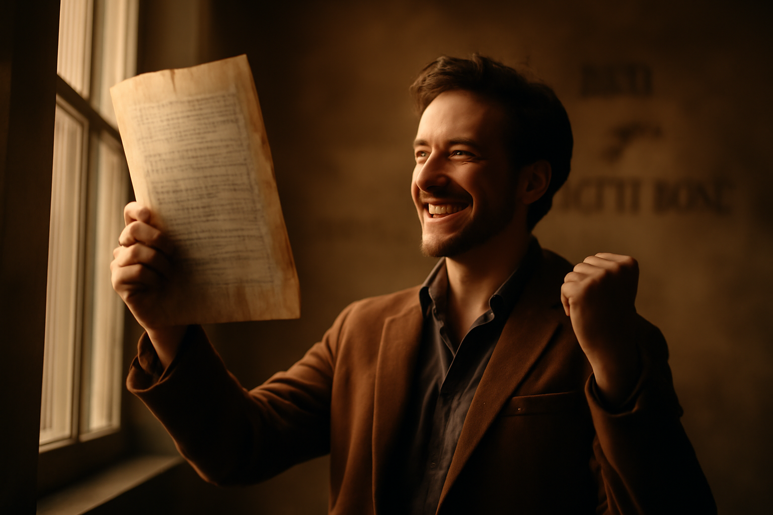 A triumphant writer holding a completed manuscript in front of a wall adorned with motivational quotes.