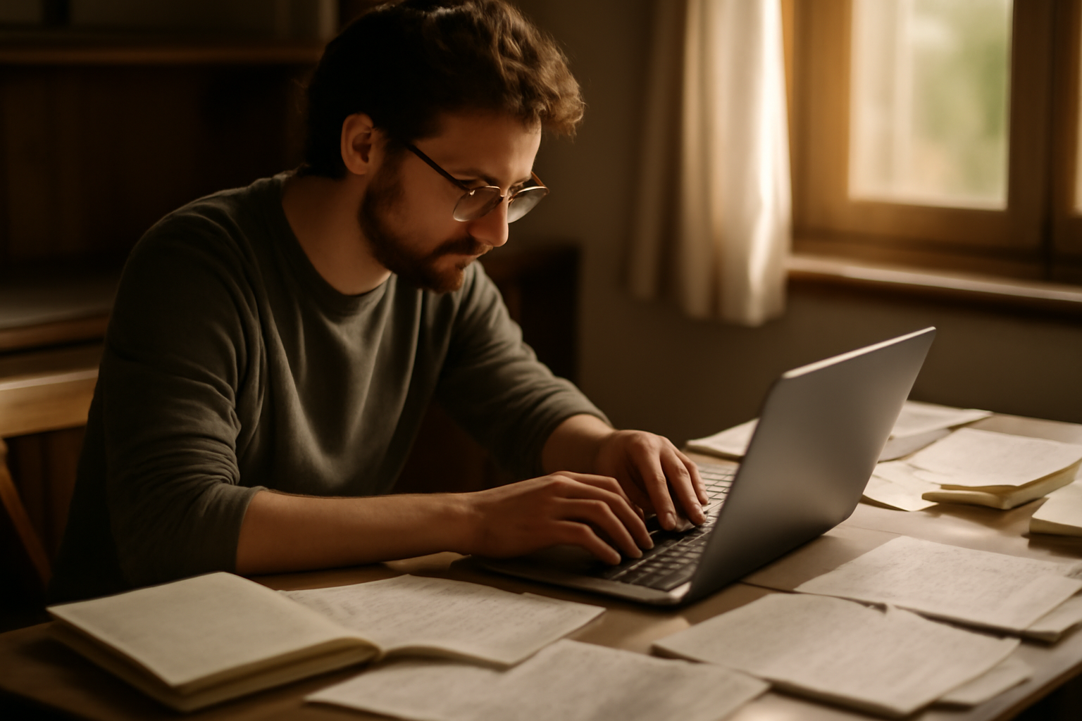 Writer Focused at Desk with Laptop and Sunlight A dedicated writer typing on a laptop at a desk filled with notebooks and drafts, illuminated by sunlight from a window.