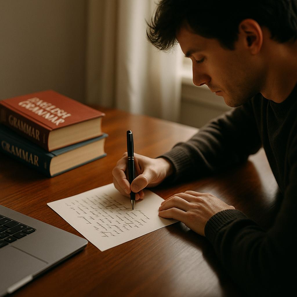 Person writing a letter at a desk surrounded by grammar books and an open laptop, with highlighted nouns in the text.