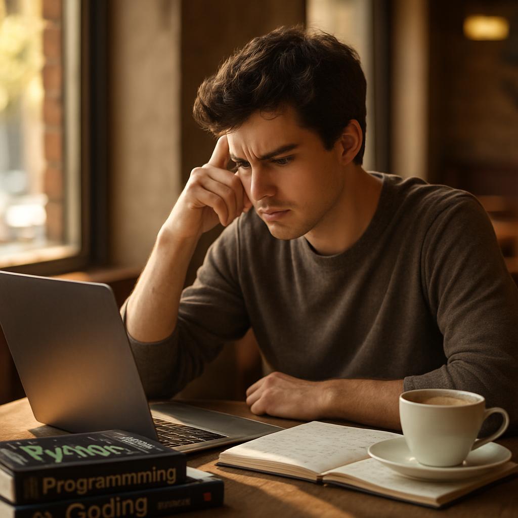 Young adult at a café table with a laptop and programming books, engaged in study.
