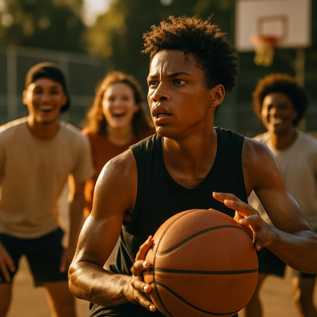Young athlete practicing basketball drills on a sunny court with friends cheering.