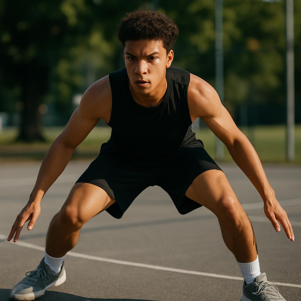 Young basketball player practicing defensive footwork on a court, demonstrating focus and intensity.