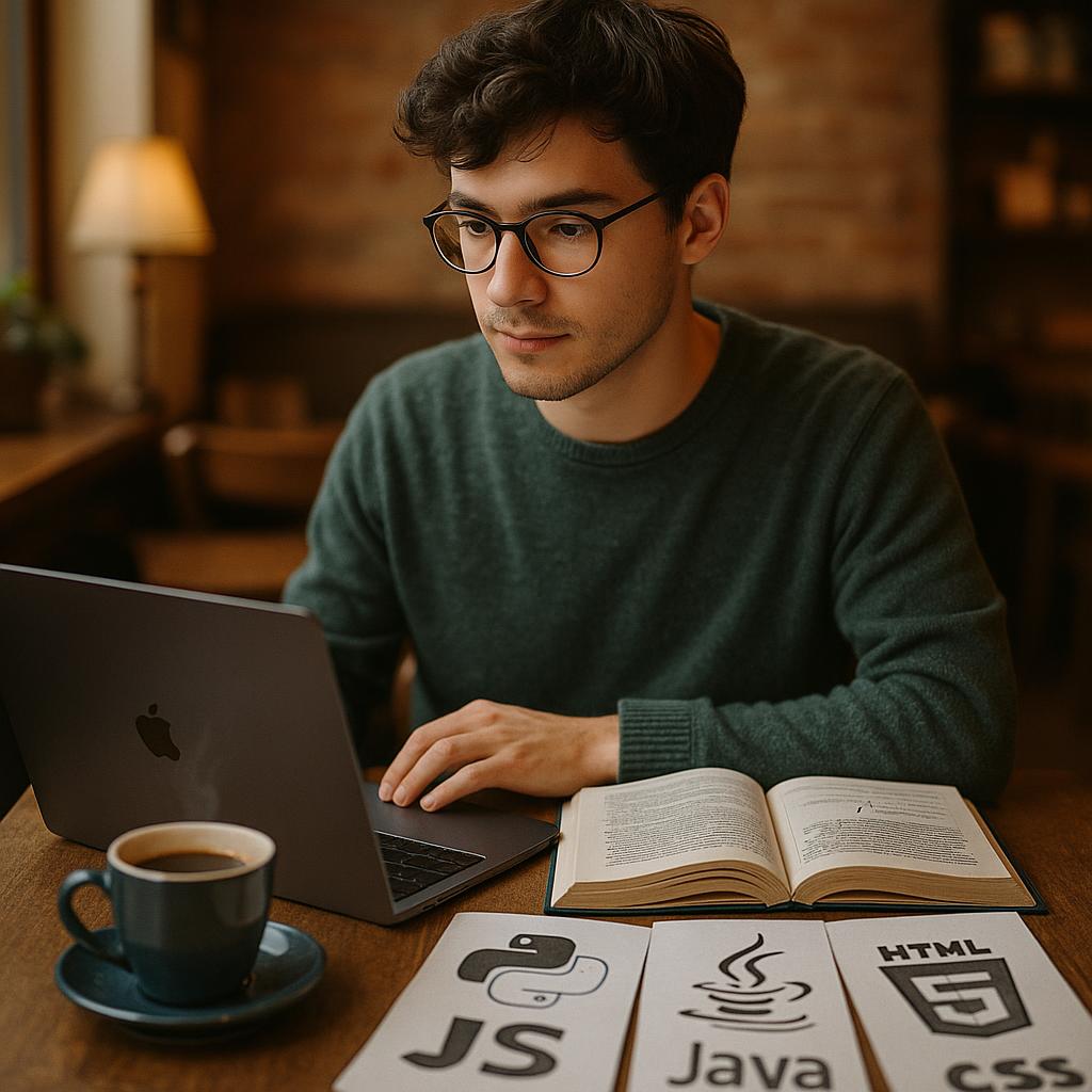 A young developer in a cozy café surrounded by programming books and coding language logos, deep in thought while working on a laptop.