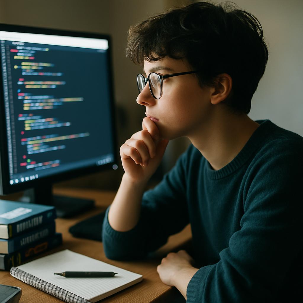 A young person deep in thought while looking at a computer screen displaying various programming languages with books and a notepad nearby.