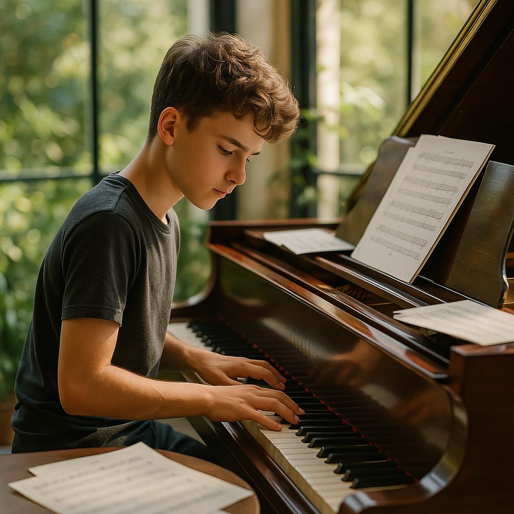 Focused young pianist practicing in a sunlit conservatory with sheet music and grand piano.