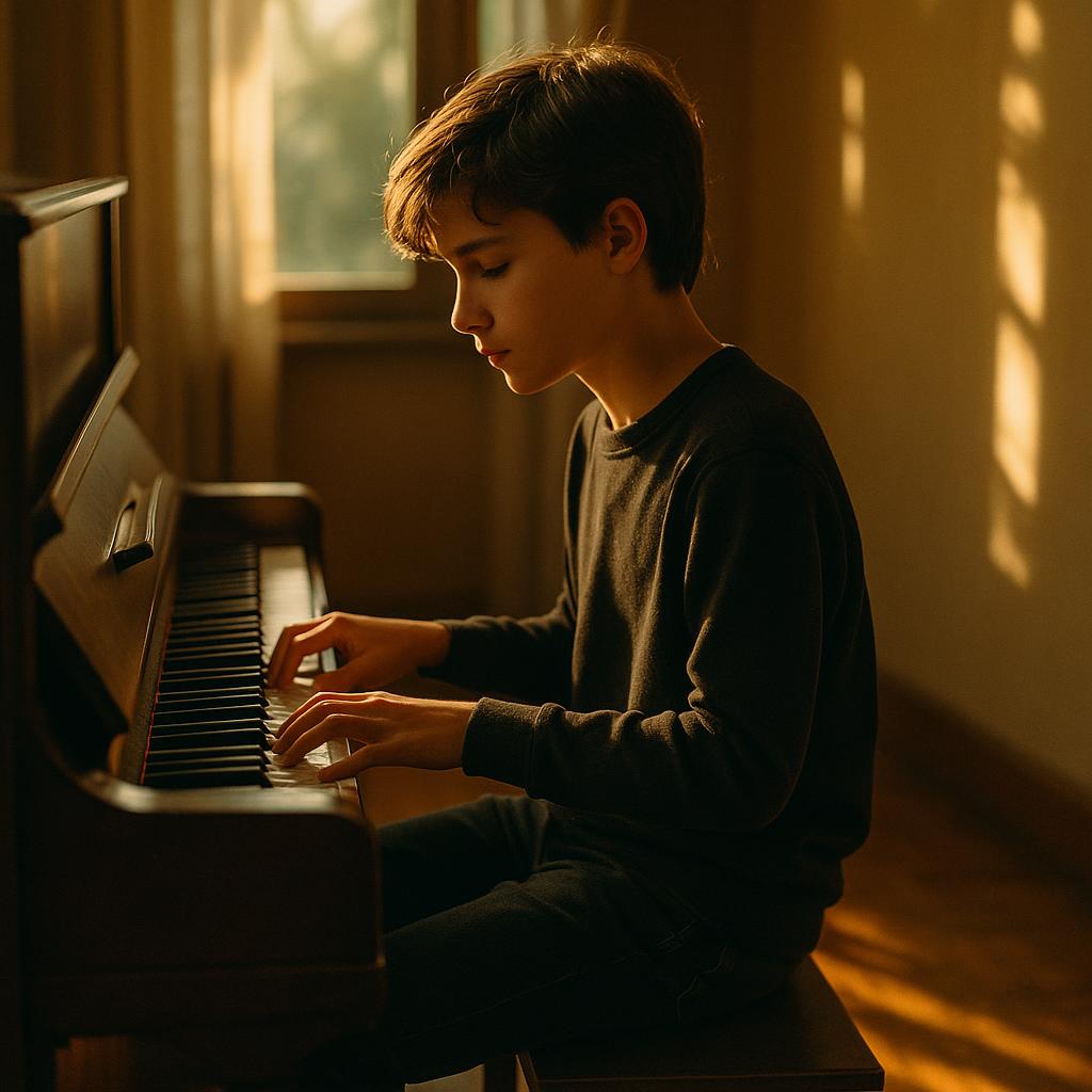 Young Pianist Practicing at Home Young pianist practicing at home with a focused expression, warm sunlight streaming through a window.